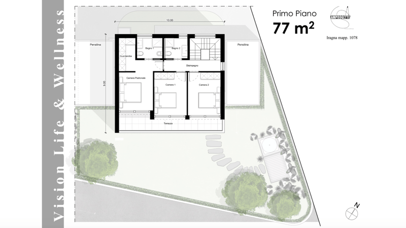 The floor plan shows a 77 m2 property with a living room, kitchen, 2 bedrooms, 2 bathrooms, and a terrace.