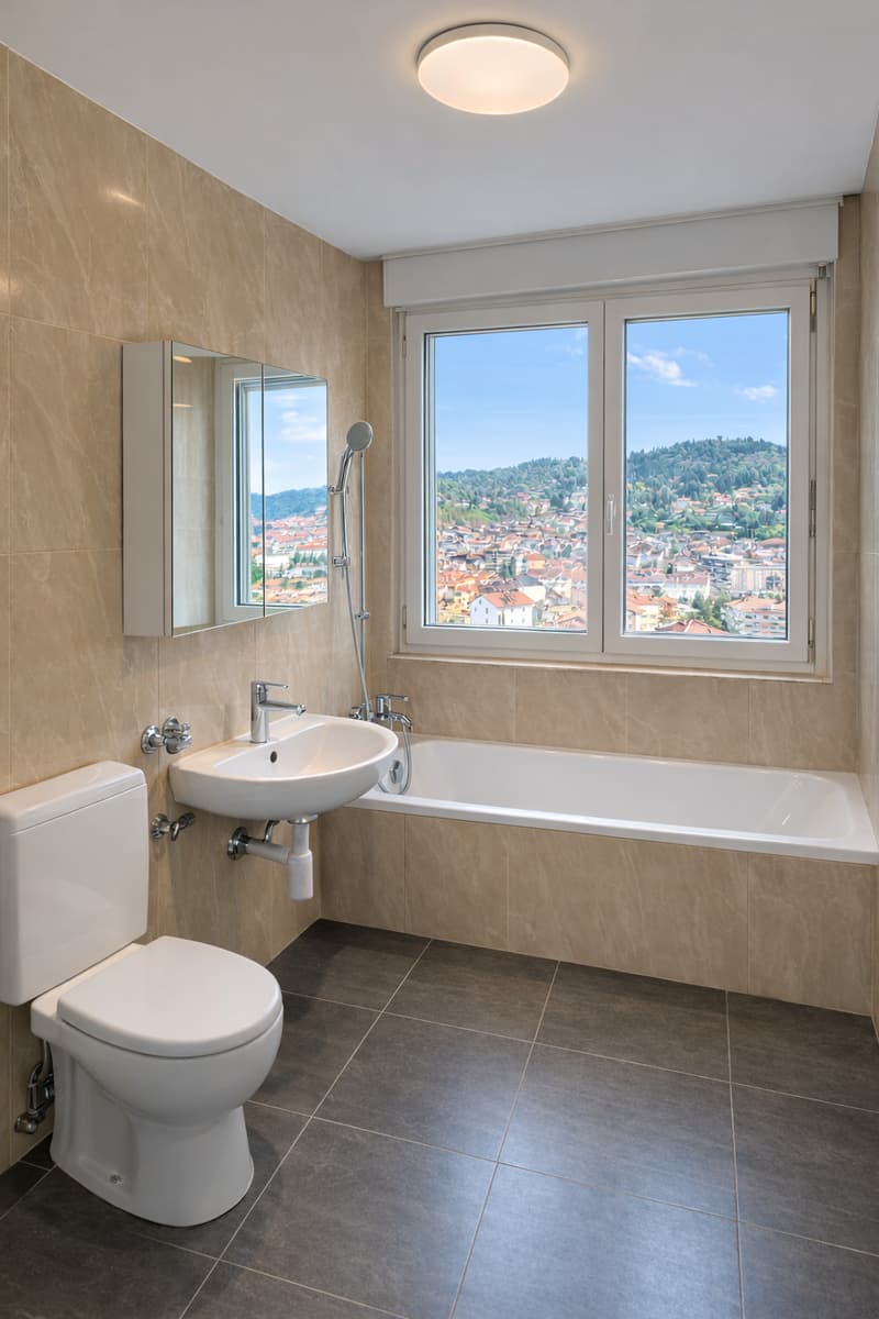 Bathroom with white toilet, sink, bathtub, shower, mirror, natural light