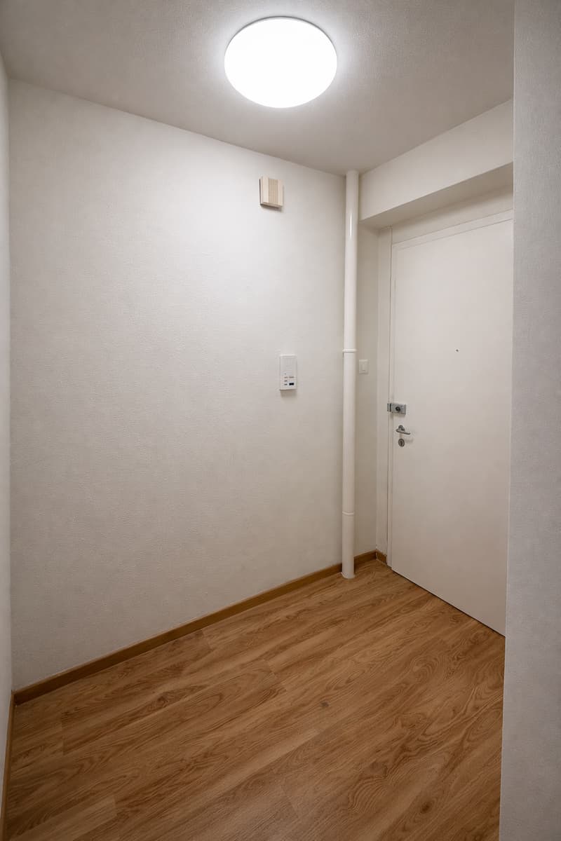 wooden floor, white walls, recessed ceiling light, entry door