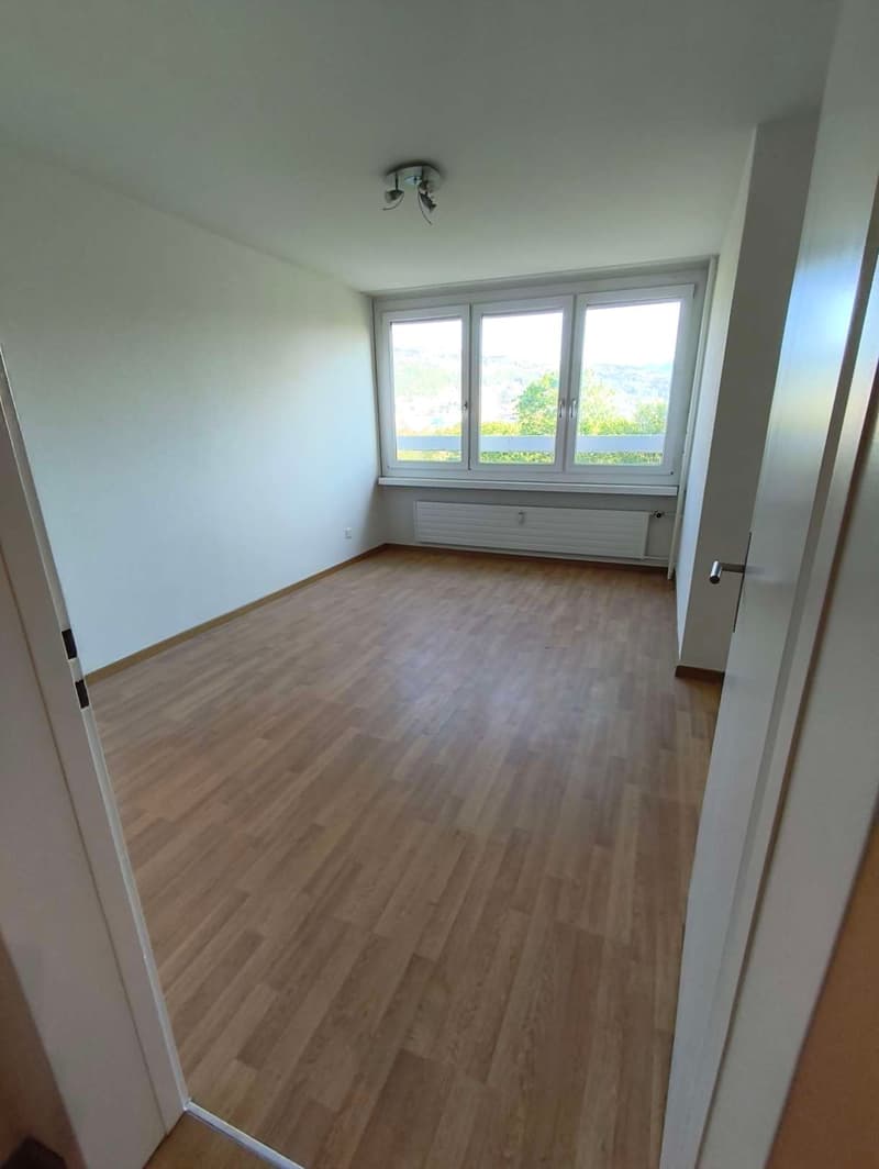 empty room, wooden floor, white walls, large window, ceiling light