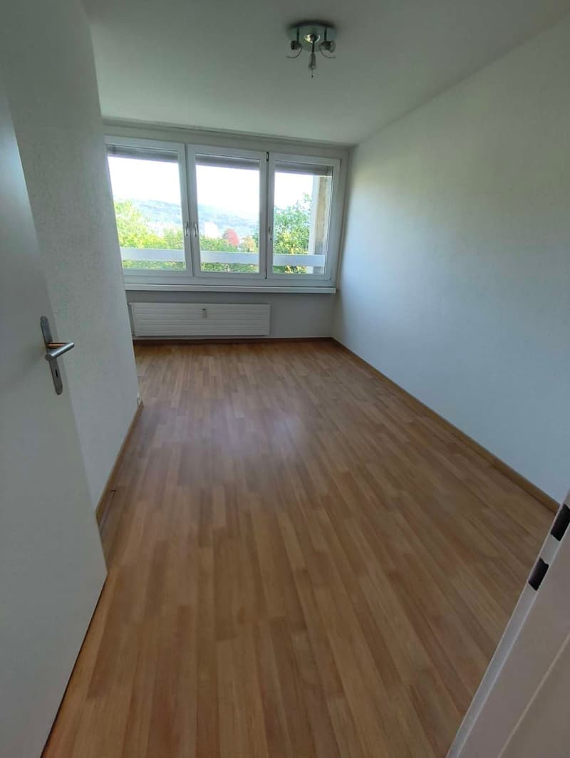 empty room, wooden floor, white walls, large window, white door, radiator