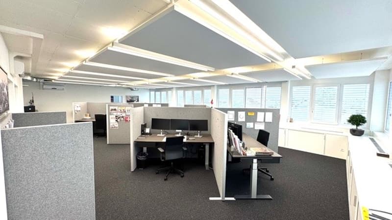The image shows an open-plan office space with cubicles and workstations. The space has a modern and minimalist design, with gray walls, suspended lighting fixtures, and large windows providing natural light. The office appears to be equipped with compute