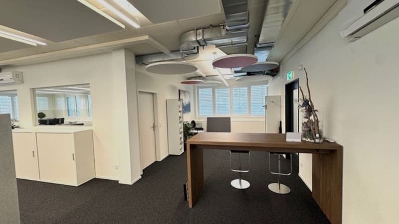 Open office layout with a wooden desk, cabinets, and appliances such as a dishwasher visible.