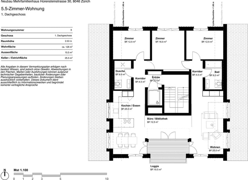 Grundriss 5,5-Zimmerwohnung Nr. 5, Dachgeschoss