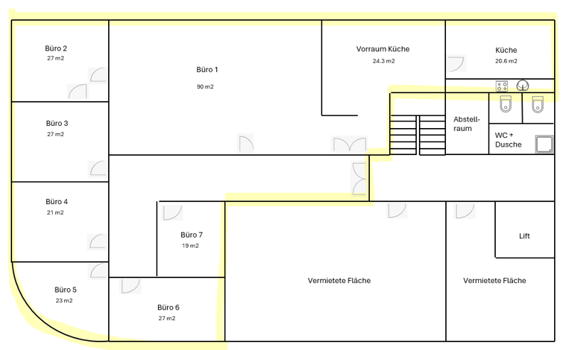 The floor plan shows 7 rooms: Büro 2 (27 m2), Büro 1 (90 m2), Vorraum Küche (24.3 m2), Küche (20.6 m2), Büro 3 (27 m2), Büro 4 (21 m2), Büro 5 (23 m2), Büro 6 (27 m2), Büro 7 (19 m2), and a lift.