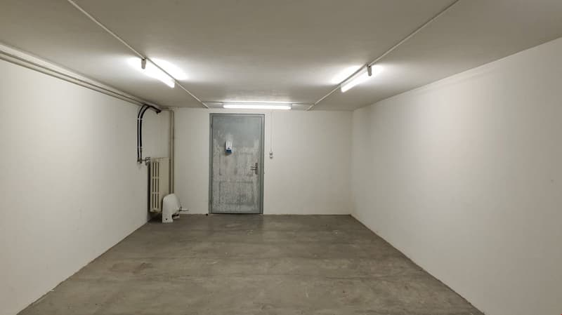 empty room, gray door, white walls, overhead lights