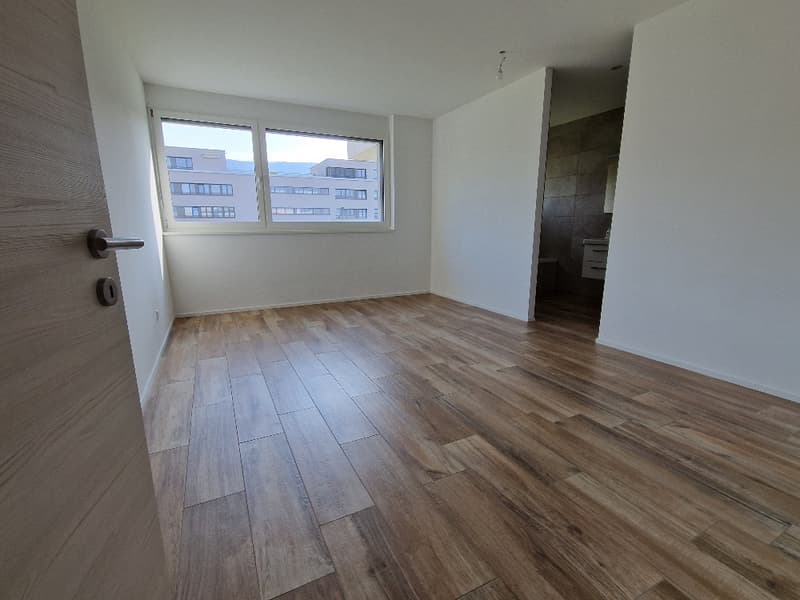 empty room, wooden floor, white walls, large window, bathroom visible