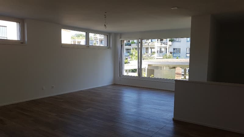 empty room, wooden floor, white walls, large windows, view of the outside