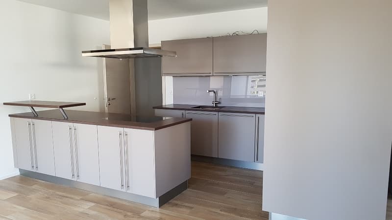 modern kitchen with wooden floor, white cabinets, black countertops, stainless steel range hood, sink, faucet