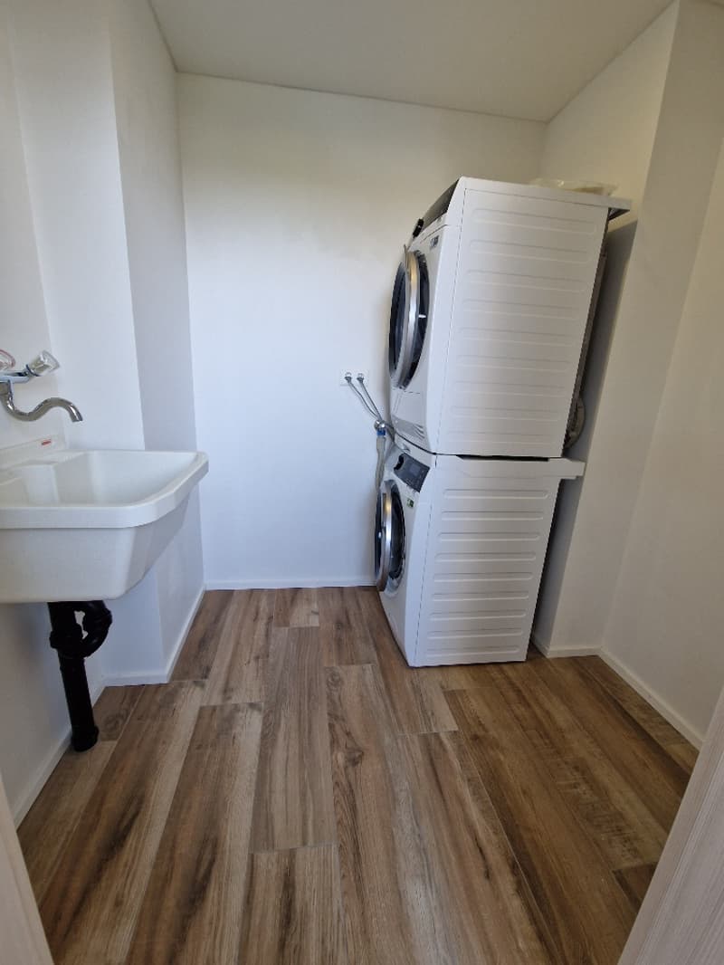 Laundry room with wooden floor, white walls, white sink, white washing machine, white dryer