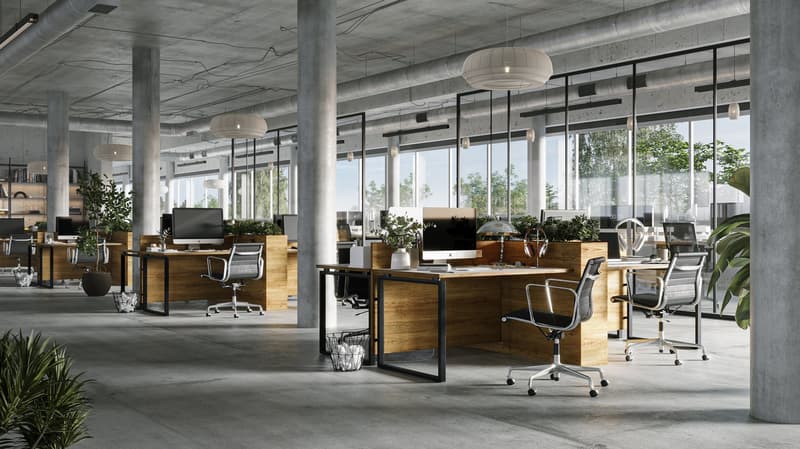 modern office space with glass walls, hardwood floors, large windows, metal and wood desks, chairs, plants, and hanging lamps