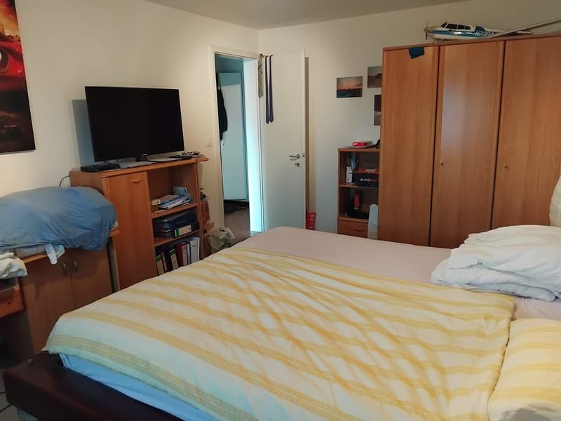 Bedroom with bed, TV, shelves, and cabinets