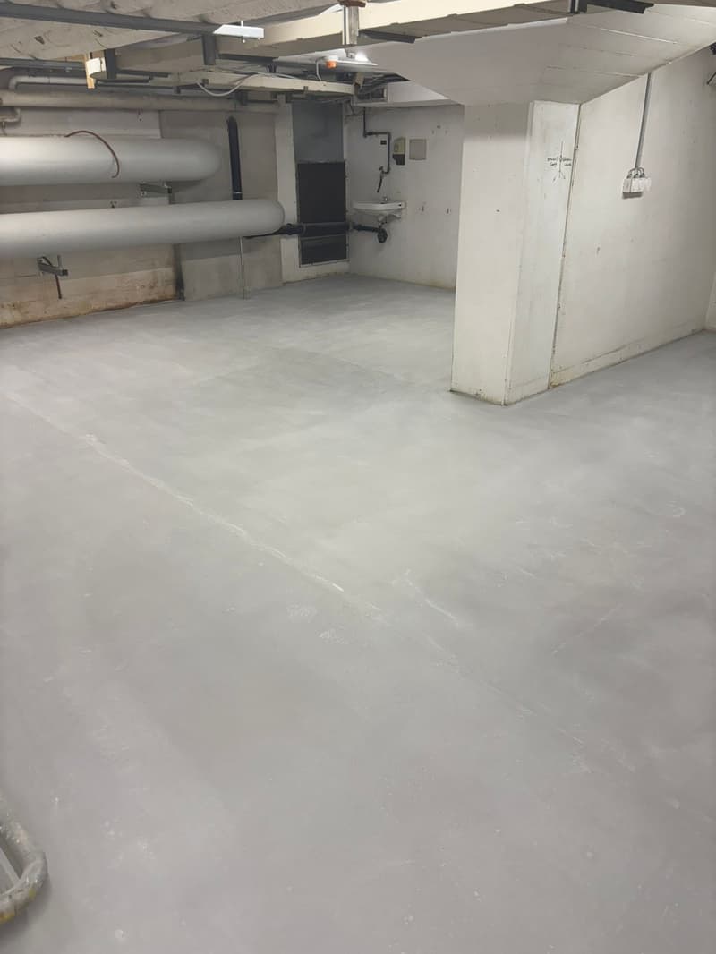 Empty basement room with concrete floor, white walls, pipes, and a sink.