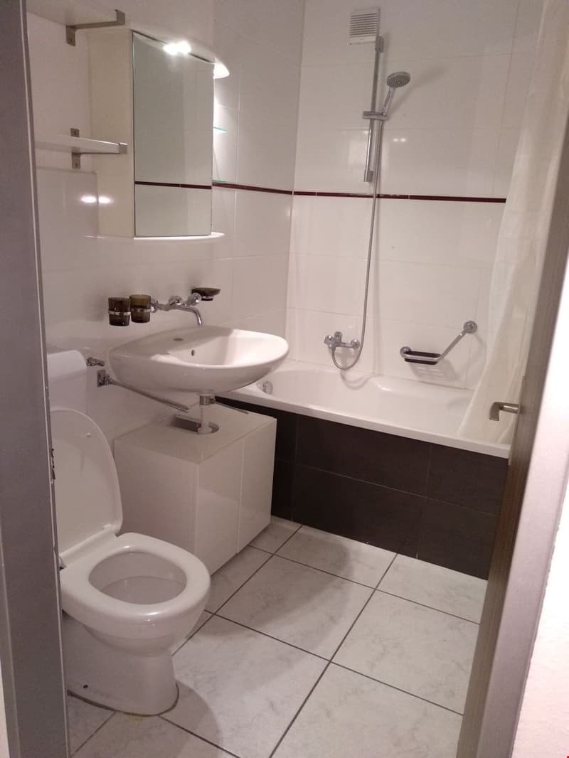 Modern bathroom with white tiles, shower, bathtub, sink, toilet, and wall-mounted mirror.