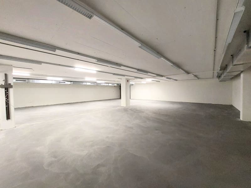 empty room, white walls, gray floor, fluorescent lights on ceiling