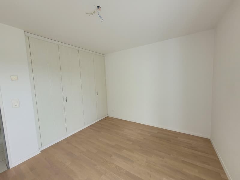 Empty room with white walls and wooden floor, large closet on left wall