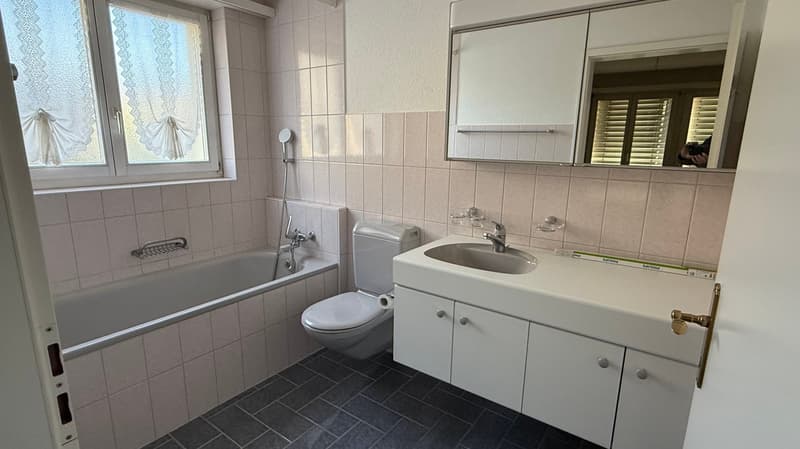white tiled walls, bathtub, toilet, sink, shower head