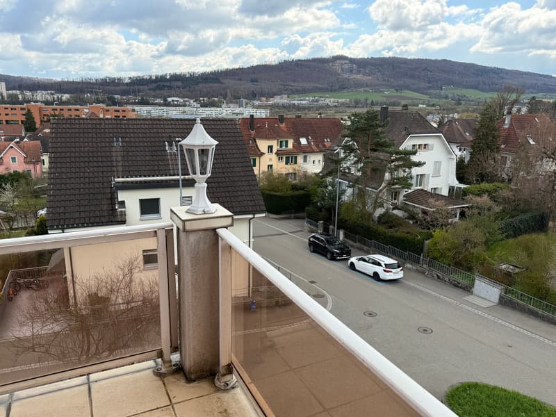 Balcony with glass railing, street view, houses, cars, trees, mountains