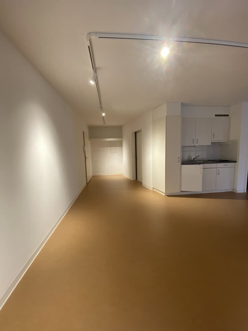 Empty room with white walls, brown floor, kitchen area with sink and cabinets