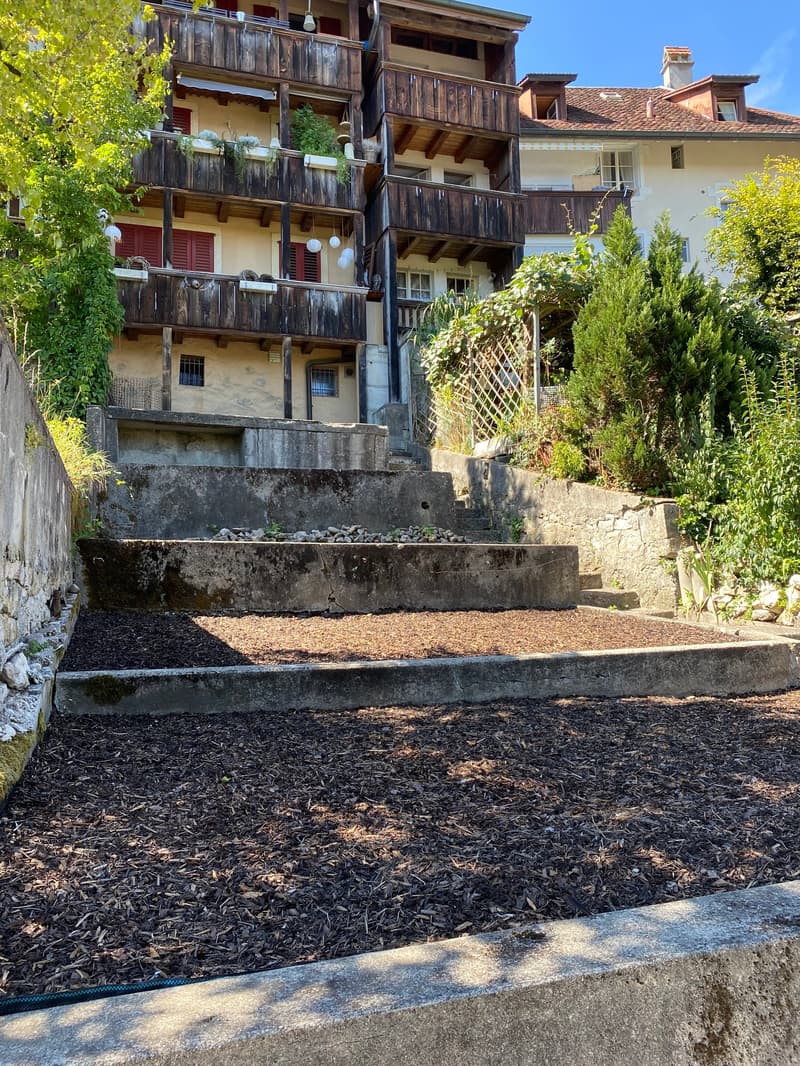 Multi-level apartment building with wooden balconies, concrete steps, stone pathways, and surrounding greenery.