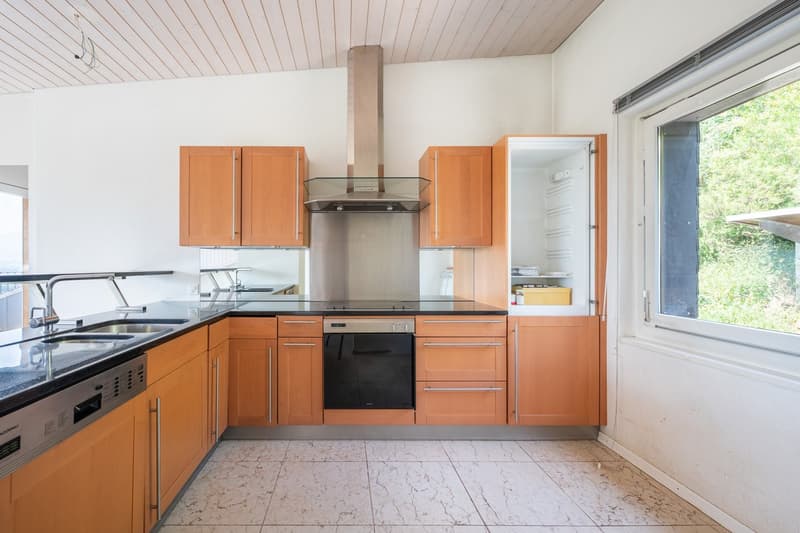 modern kitchen, wooden cabinets, black countertops, stainless steel appliances, dishwasher, large window