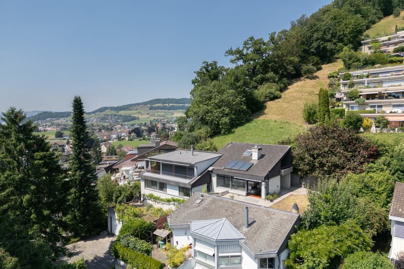 Modern house with solar panels on the roof, surrounded by trees and plants, located on a hill with a view of the valley