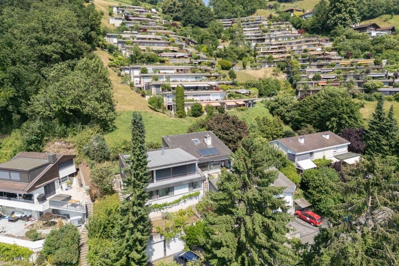 Houses on a hillside, surrounded by trees, with solar panels on some roofs, and a red car parked in front of one house.