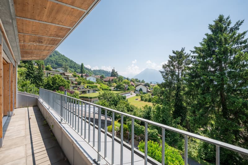 wooden ceiling, metal railing, view of the mountains and houses