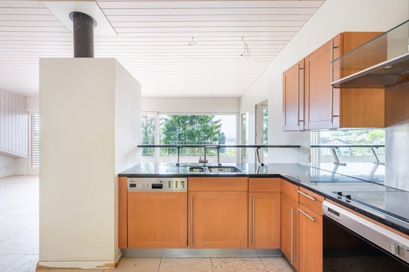 modern kitchen with wooden cabinets, granite countertops, dishwasher, stainless steel sink, faucet, large windows, balcony