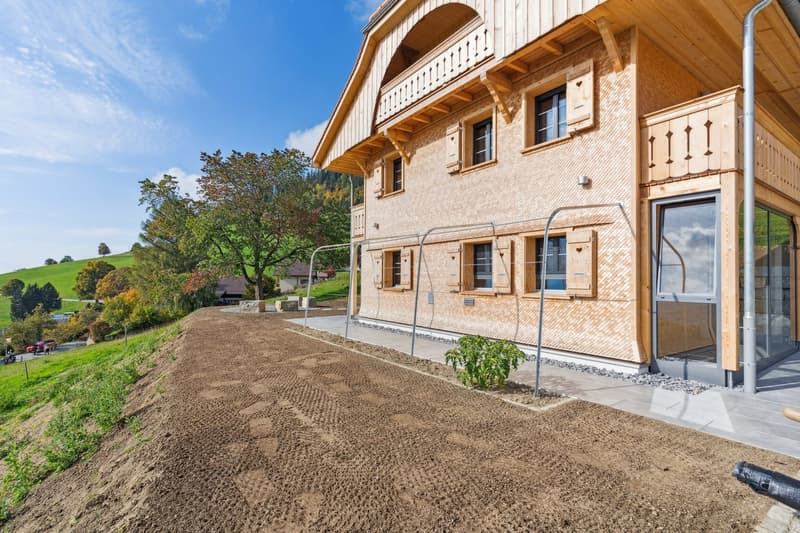 modern wooden house, balcony, large windows, outdoor grill