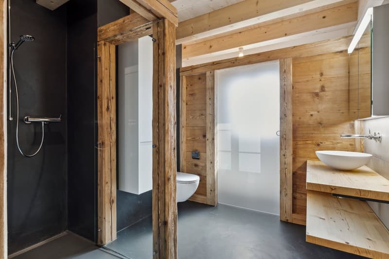 Modern bathroom with wooden walls, black shower wall, glass shower, white toilet, white sink, mirror