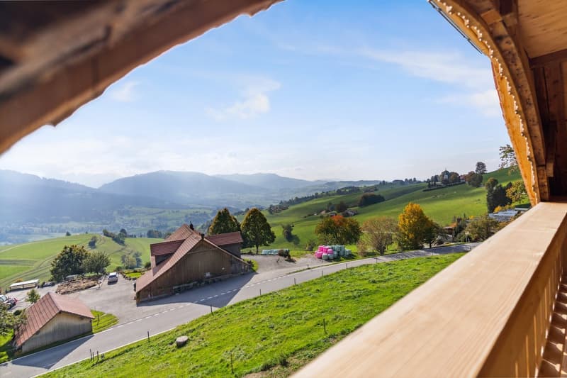 Aerial view from a balcony, countryside road, wooden barn, vast green hills, mountains in the distance