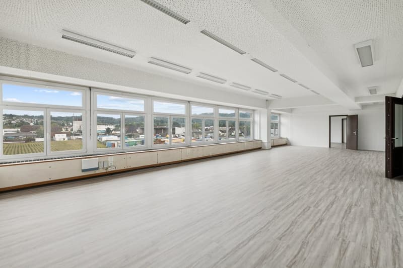 Large windows, neutral flooring, blank walls, fluorescent lighting, power outlets, two doorways