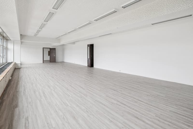 White walls, gray laminate floor, recessed lighting, two doors, large windows