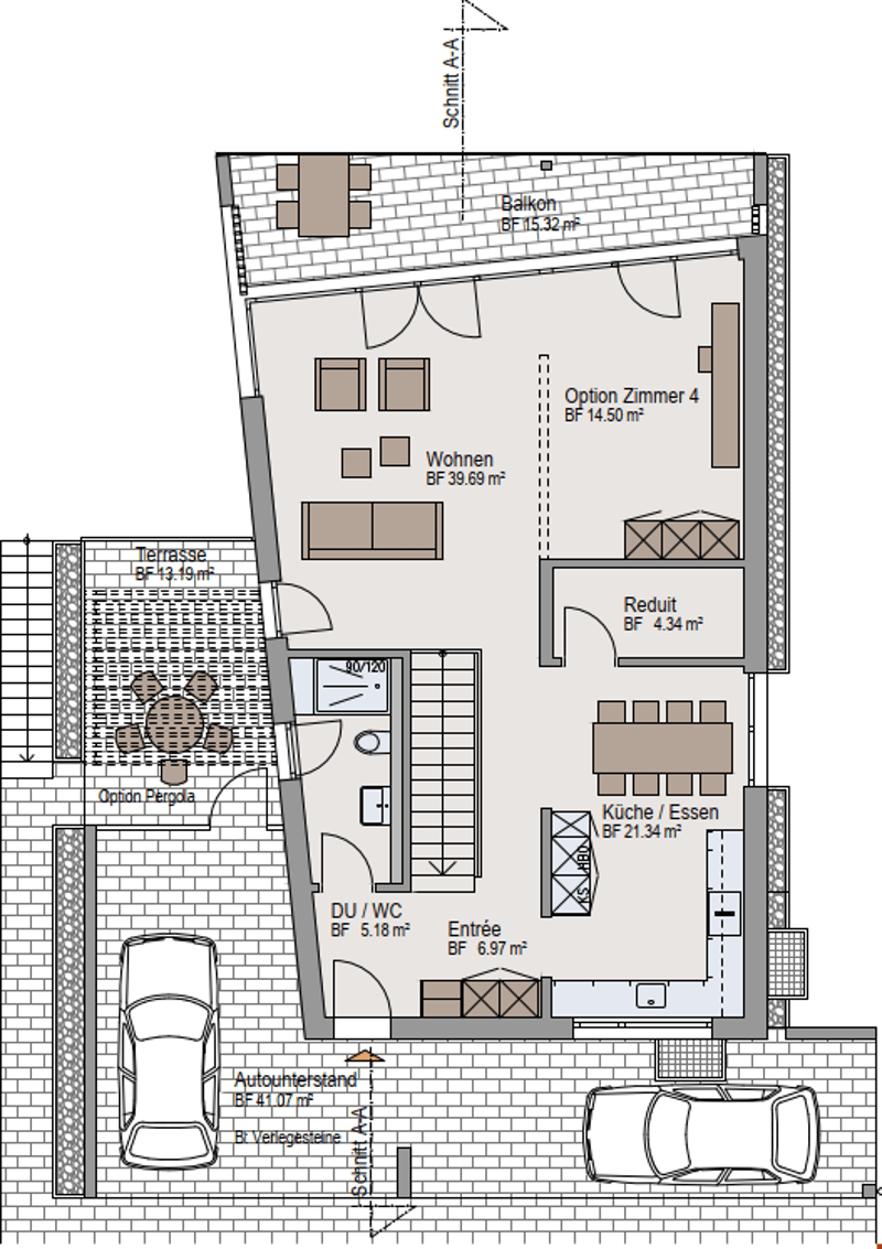 The floor plan shows a 2-bedroom apartment with a living room, kitchen/dining area, bathroom, and a balcony. There is also a garage and a parking space visible.