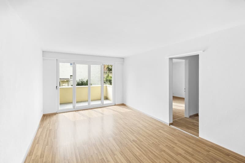 empty room, wooden floor, white walls, sliding glass doors, balcony