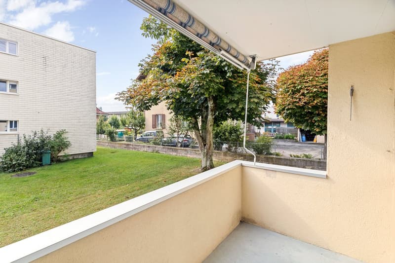 Balcony with a view of a grassy area and a tree, white railing, beige wall, white ceiling