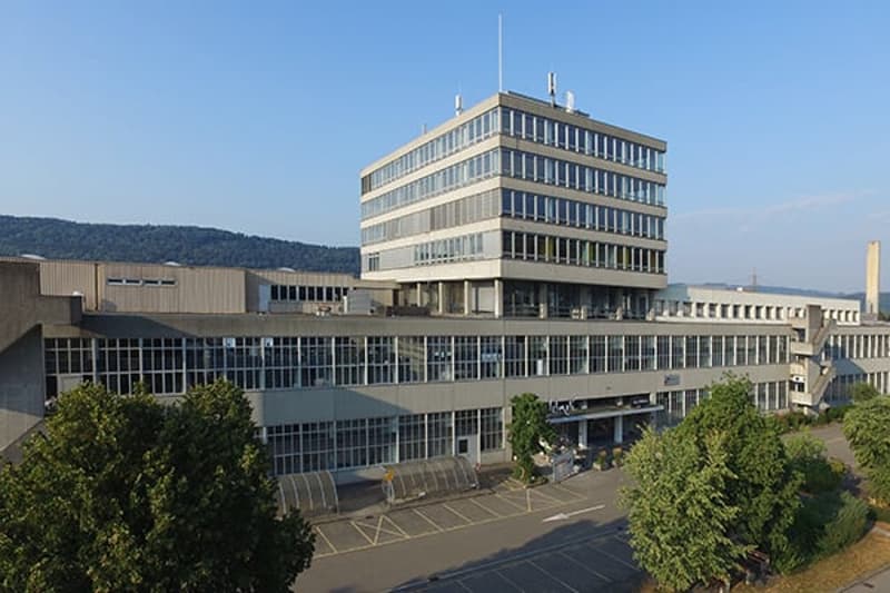 large building, multiple floors, large windows, parking lot