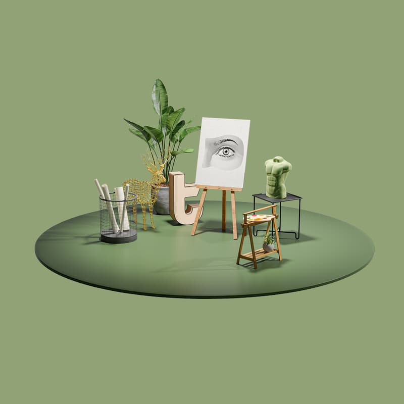 An illustration of a table setting with various objects such as a canvas, a plant, a pencil holder, a sculpture, a wooden stool, and a mannequin.