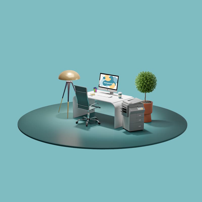 Office desk: monitor, lamp, chair, printer, potted plant