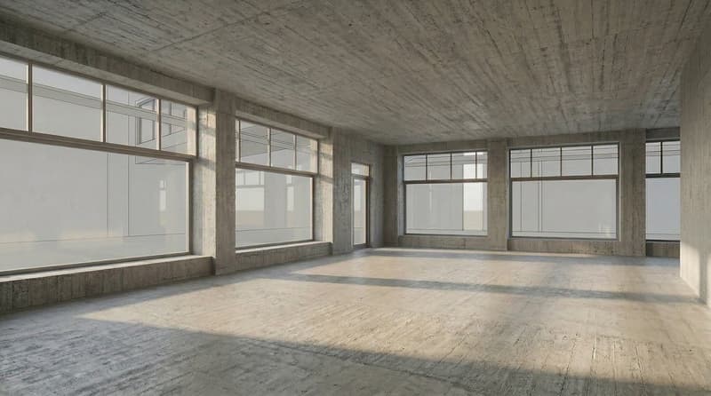 large windows, concrete walls, concrete floor, empty room