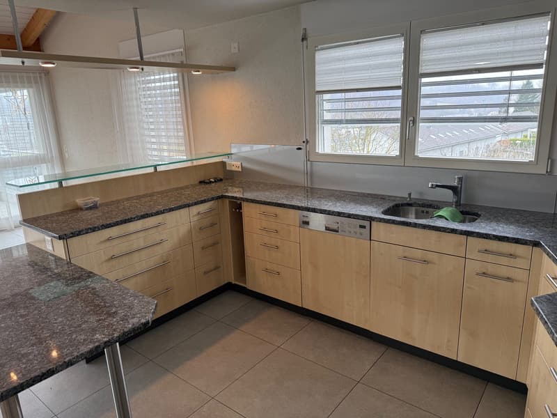 modern kitchen, granite countertops, wooden cabinets, dishwasher, double sinks, stainless steel faucet, granite flooring