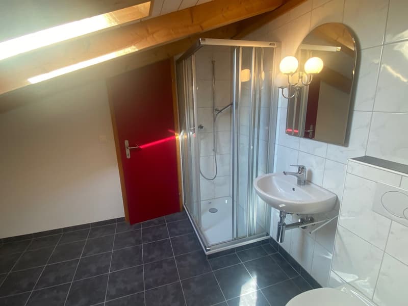 white tiles, red door, glass shower, white sink, white toilet, two wall-mounted lamps, mirror on the wall, white wall
