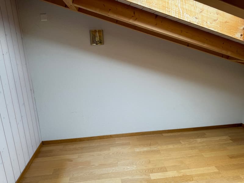 empty attic room with white walls, wooden floor, sloped ceiling, wall-mounted light fixture