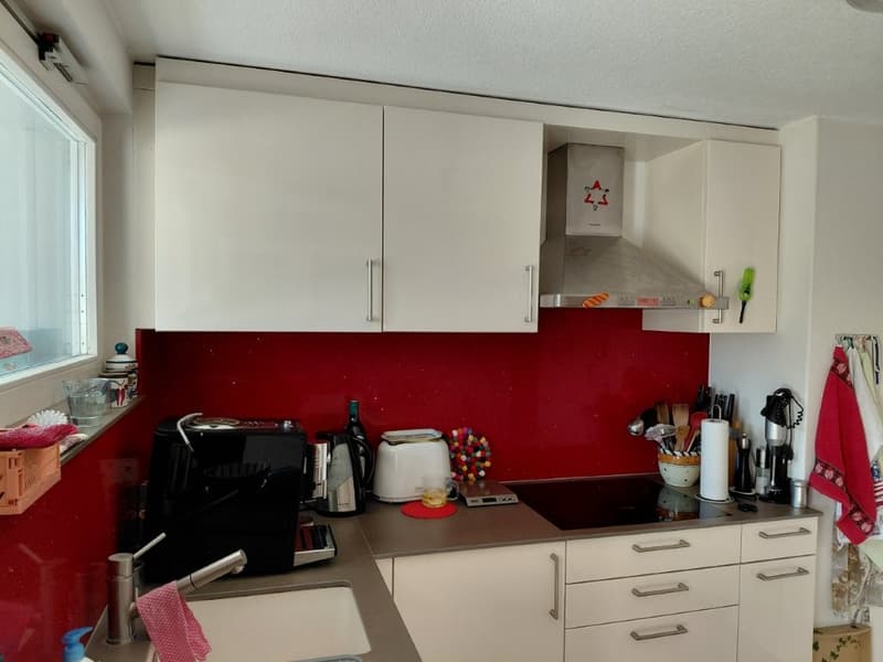 kitchen: white cabinets, red wall, stainless steel sink, gas stove, kettle, toaster, wine bottle, countertop