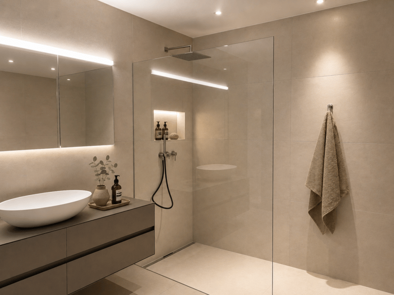 Im Projekt realisierte Dusche, möbliert mit KI