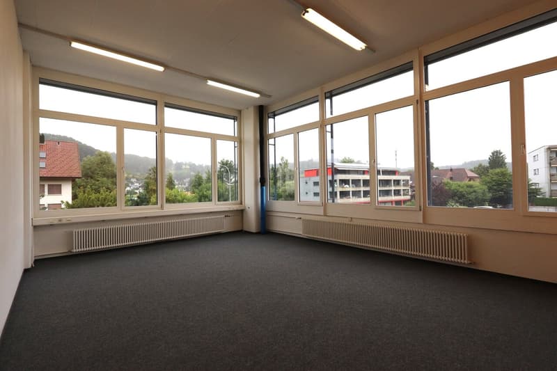 empty room, white walls, ceiling lights, radiators, large windows