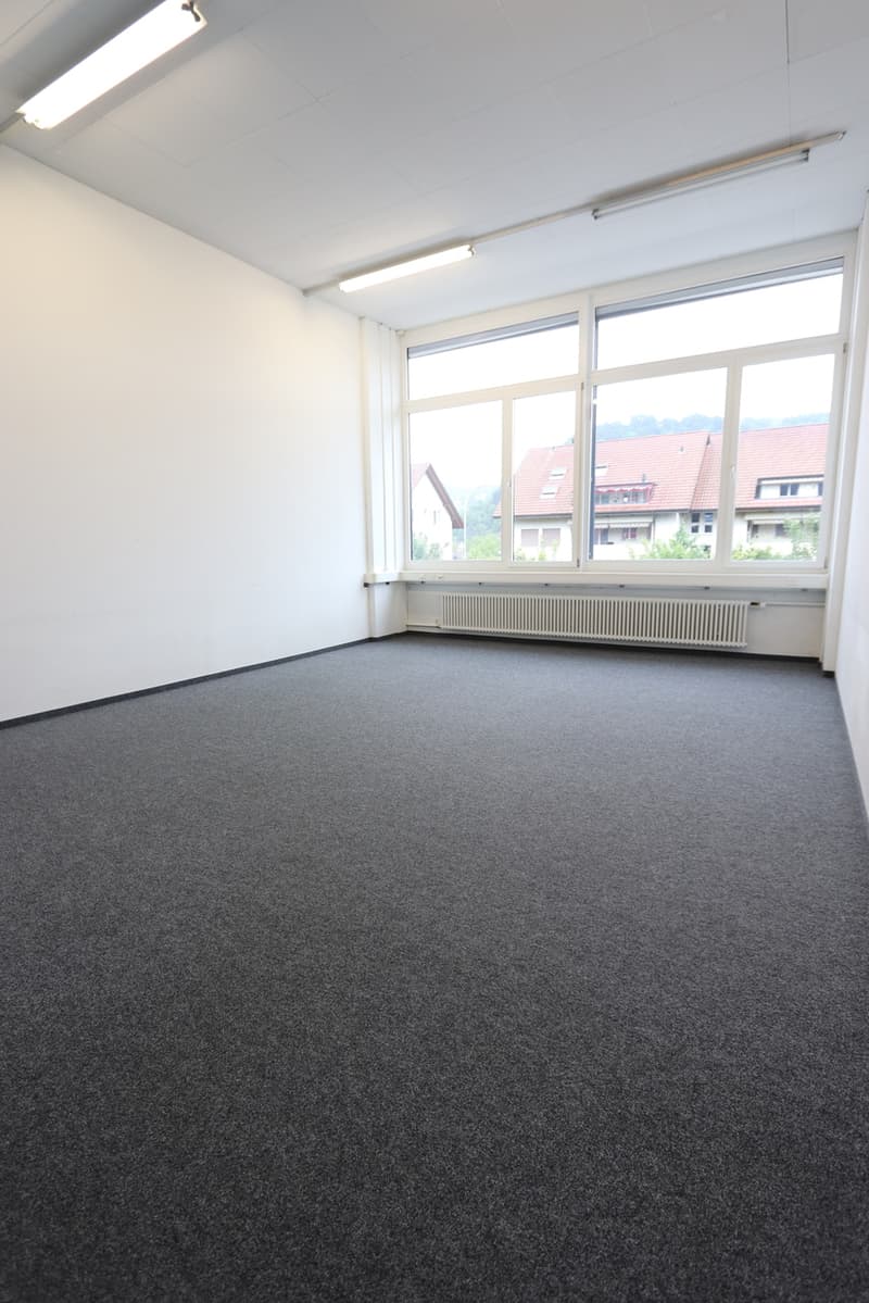 empty room, white walls, fluorescent ceiling lights, large windows, grey carpet, white radiator