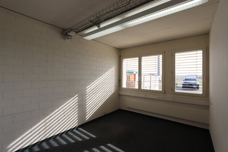 White brick wall, black carpet floor, white painted wall, window with blinds, view outside