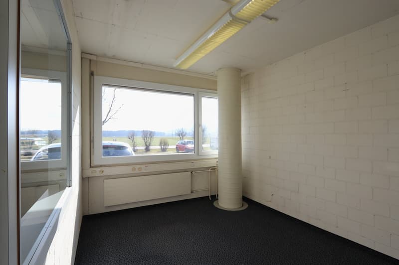 Empty room with large window, white walls, black floor, fluorescent light